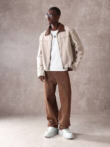 SUMWON 牛仔卡车司机夹克，灯芯绒领，休闲工作服，毛边下摆，拉链前襟，经典款式，秋冬外套，街头时尚 - 卡其色 - 查看 3