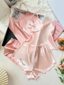SilkySpell Set de 2 piezas de pijama de mujer con camiseta de tirantes ajustables y pantalones cortos, con diseño estampado de letras y bloques de color