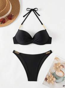 Swim SXY Women Beach Vacation Halter Backless Swimsuit Black Bikini Set, With Boning For Summer - Black - View 3