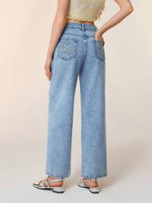 Selenza 女士休闲牛仔裤，精工牛仔，金色刺绣，十二星座系列，巨蟹座，温柔真挚，星空图案，治愈系 - 藍色 - 查看 2