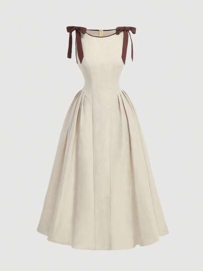 SHEIN MOD Crew Neck Sleeveless Contrast Trim Bow Decor Waist Flare Hem Brown Casual Elegant Dress Garden Party Summer