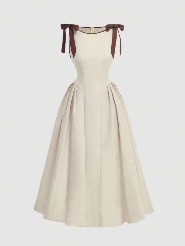 SHEIN MOD Crew Neck Sleeveless Contrast Trim Bow Decor Waist Flare Hem Khaki Casual Dress