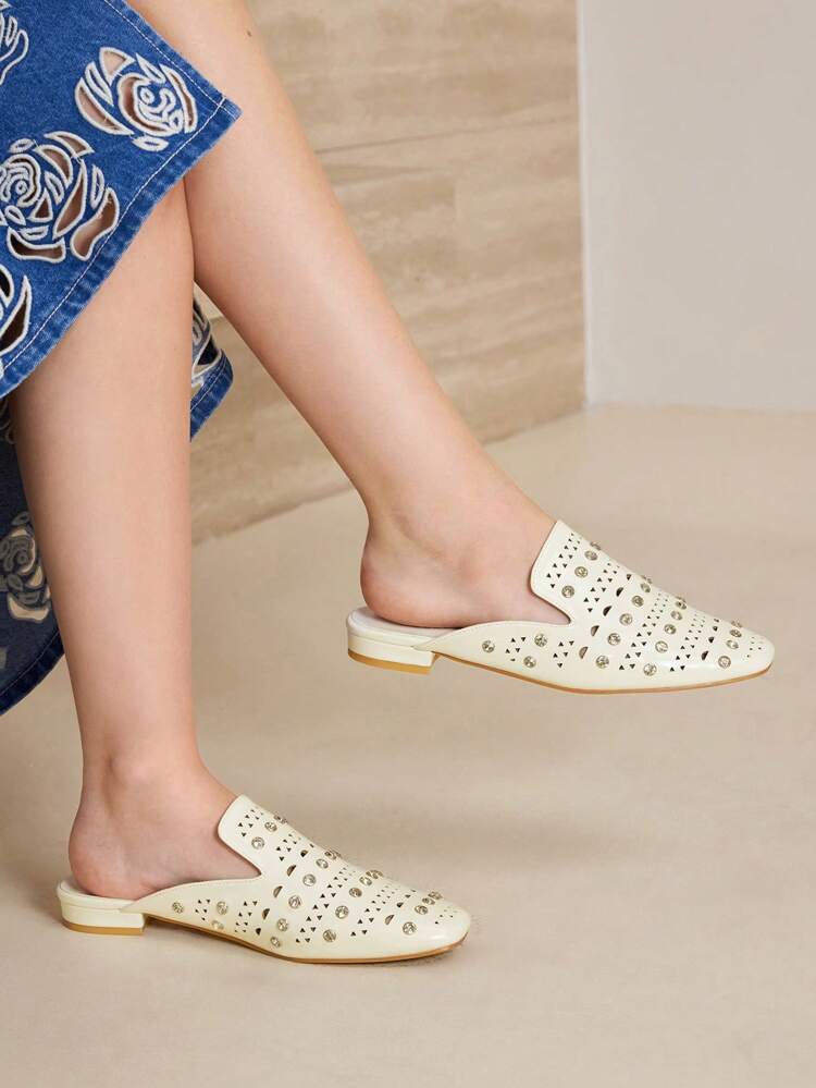 MULE SLIPPERS, SQUARE TOE, FLAT, HOLLOW RHINESTONE DESIGN