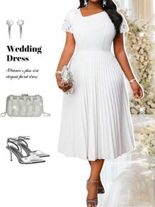 Fleurora Women Plus Size Solid Color Asymmetric Collar Short Sleeve Pleated Hem Elegant Dress Flowy Dress Cruise Outfits Women Women Formal Party Dress Women Party Dresses Women's Formal Dress Women Formal Dress White Party Dress - White - View 1