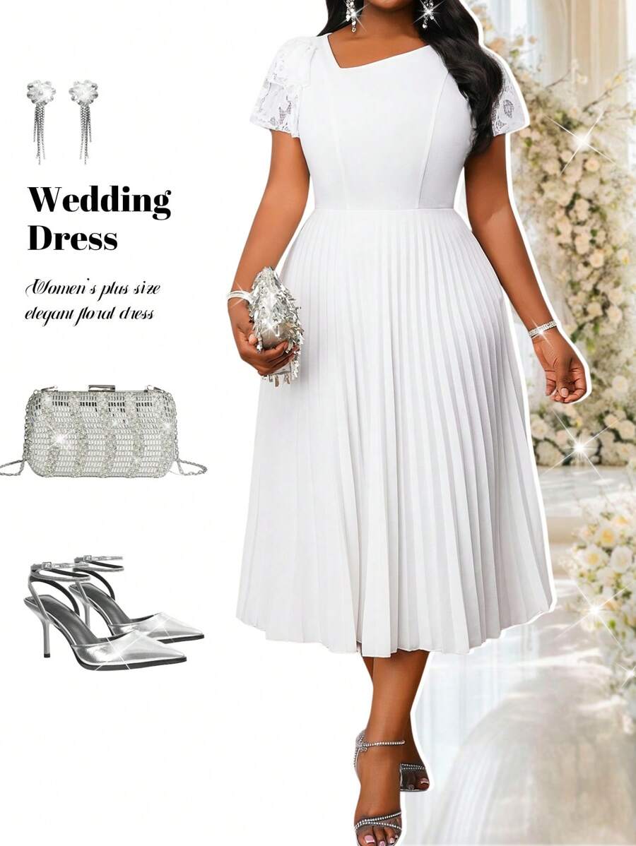 Fleurora Women Plus Size Solid Color Asymmetric Collar Short Sleeve Pleated Hem Elegant Dress Flowy Dress Cruise Outfits Women Women Formal Party Dress Women Party Dresses Women's Formal Dress Women Formal Dress White Party Dress - White - View 1