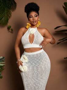 Maweii Plus Size Women's Sweater Set Halter Vest Flower + Hand Hook Flower Dress Sexy Suit Birthday Dresses For Women Vacation Outfits Woman Summer Outfits For Women Beach Outfits For Woman Maxi Skirt - White - View 7