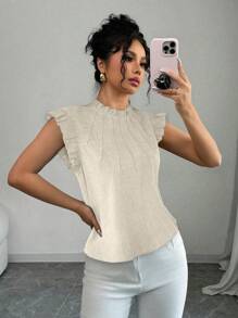 SHEIN Unity قميص شبابي من الكتان الأزرق به طوق معقود وأكمام مكشكشة - لون مشمشي - مشاهدة 1