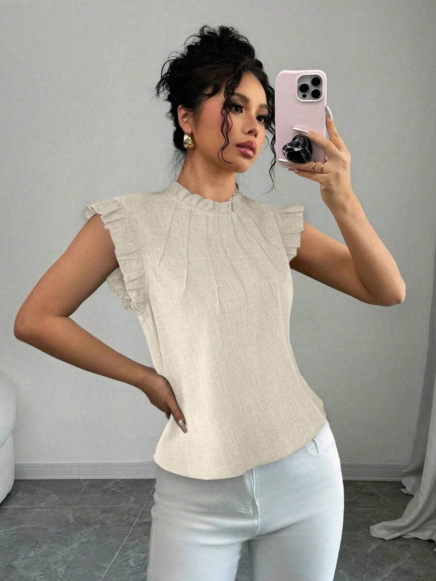SHEIN Unity قميص شبابي من الكتان الأزرق به طوق معقود وأكمام مكشكشة - لون مشمشي - مشاهدة 1