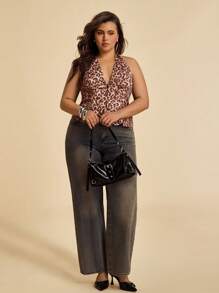 SHEIN BAE Regata de Estampa de Leopardo Vintage Marrom com Decote em V para Mulheres Plus Size, Ideal para Praia, Férias, Encontros, Saídas, Festivais de Música, Festivais de Música Country, Festas, Feriados, Concertos, Carnaval, Estilo Hippie, Traje Profissional - Multicolorido - Visão 5