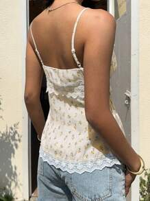 SHEIN Women's Ditsy Floral Spaghetti Strap With Lace Trim Camisole, Suitable For Summer - White - View 2