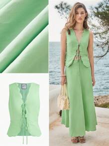 MOTF PREMIUM LINEN TIE FRONT WAISTCOAT - Green - View 2