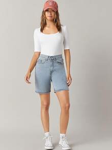 SHEIN BASICS Casual Scoop Neck Fitted Solid Bodysuit Summer Outfit For Women - White - View 7