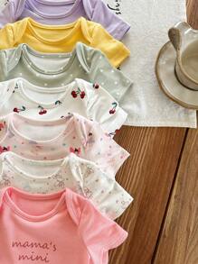 SHEIN LMoss Kids 7 قطع طقم رومبير أطفال حديثي الولادة بنات صيفي بطبعات كرتونية جميلة أكمام قصيرة مstriكة