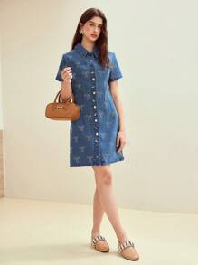 MOTF STUDIO RHINESTONE BOW DETAIL BUTTON UP DENIM DRESS - Blue - View 4