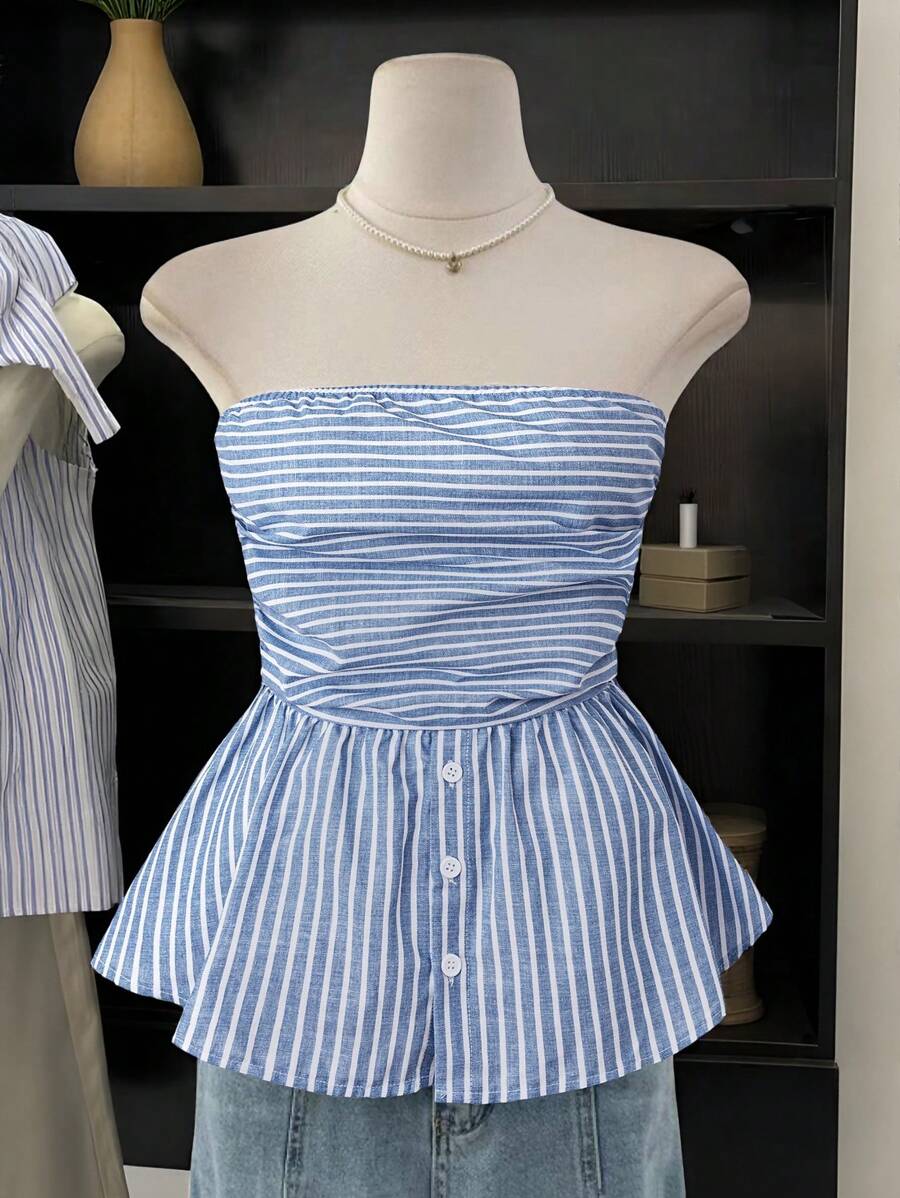 Chiquease Women Striped Tube Top - Blue and White - View 1