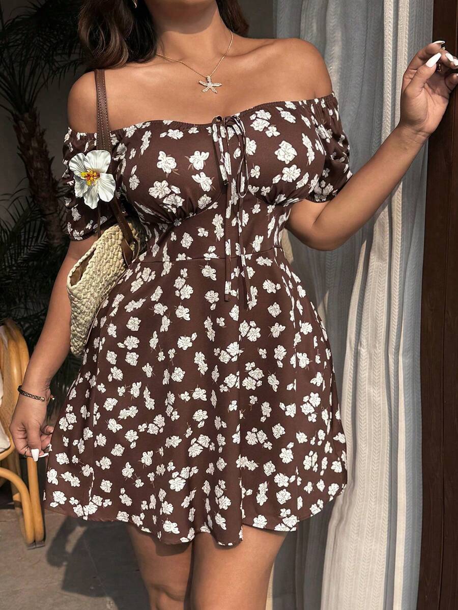 Sunnyshic Plus Size Women's Off Shoulder Ditsy Floral A-Line Dress, Vacation - Brown - View 1