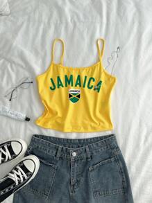 SHEIN EZwear 性感运动风格非洲杯牙买加牙买加国旗足球女式运动休闲性感吊带背心，适合夏季和运动季节 - 黃色 - 查看 3