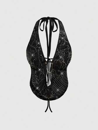 Chaleco sexy con cuello drapeado y espalda descubierta, bordado y con cuentas, para mujer