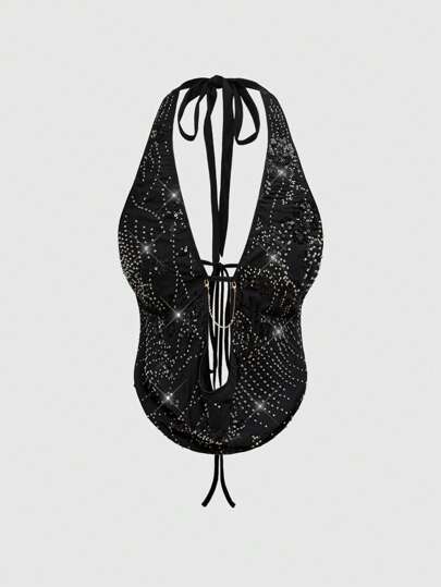 Chaleco sexy con cuello drapeado y espalda descubierta, bordado y con cuentas, para mujer