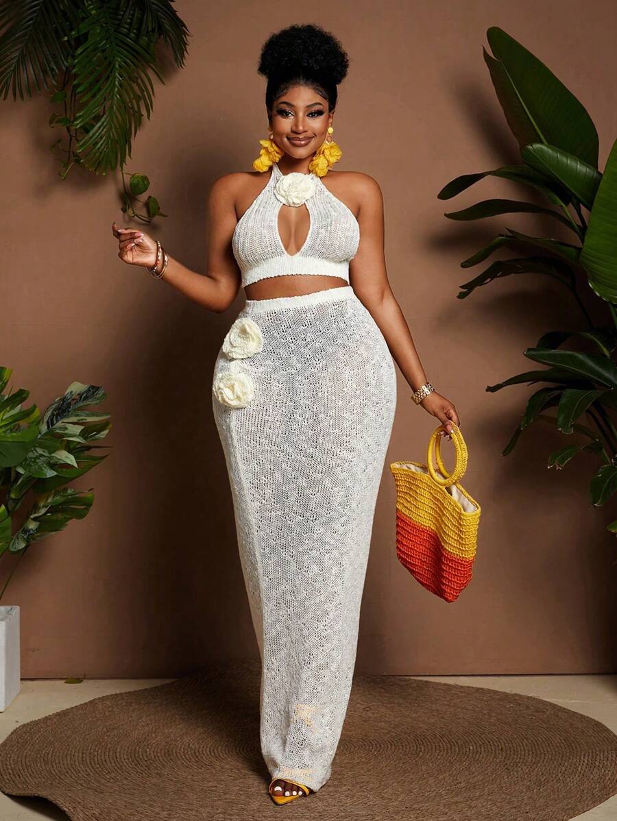 Maweii Plus Size Women's Sweater Set Halter Vest Flower + Hand Hook Flower Dress Sexy Suit Birthday Dresses For Women Vacation Outfits Woman Summer Outfits For Women Beach Outfits For Woman Maxi Skirt - White - View 1