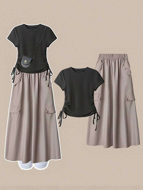 Franclia 2pcs Set Women Casual Loose Black Crew Neck Top And Gray Skirt