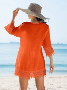 Swim Vcay Áo choàng đi biển phong cách kimono họa tiết ren hoa cho nữ - trái cam - Xem 2