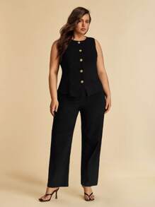 SHEIN BAE Summer Beach Vacation Plus Size Clothing Holiday Clothing Party Gathering, Date Travel, Go Out, Music Festival Clothing, Concert Clothing, Country Music Festival Clothing, Metal Flower Button Commuter Suit Vest Suit Suit Office Suit Work Wear - Black - View 6