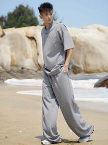 DAZY 2 piezas Conjunto de camiseta de hombre de cuello en V acanalado de color gris sólido, para verano
