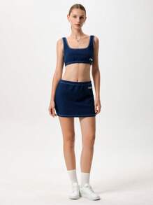 Menodora SHEIN Sport Bộ 2 áo crop top dệt kim thể thao màu trơn đơn giản dành cho nữ và chân váy mini cạp trễ - Rửa tối - Xem 4
