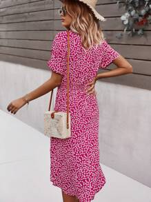 Breezaya Ditsy Floral Tie Front Button Through Dress Maxi Women Outfit - Red - View 2