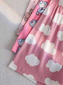 SHEIN 6pcs/Set Young Girl Cute Cat & Polka Dot Print Short Sleeve Top And Shorts Pajama Set - Olive Green - View 4