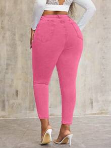 SHEIN SXY 大码珍珠装饰弹力蓝色牛仔紧身裤 - 粉色 - 查看 2