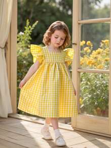 SHEIN Vintaside Kids Baby Girls' Summer Green Plaid Cap Sleeve Casual Dress, Countryside Style, Floral Print, Lightweight, Suitable For Outdoor, Homewear, Casual Parties