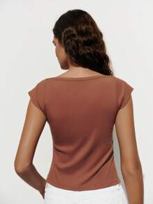 Lumivelle 1 pièce T-shirt décontracté à manches à volants et encolure dégagée pour femmes, top basique d'été