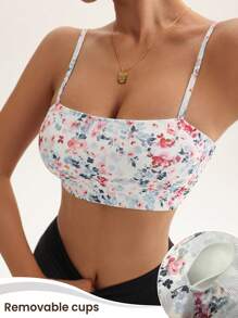 SHEIN Sport Studio Sujetador deportivo cómodo con estampado floral diminuto y tirantes desmontables