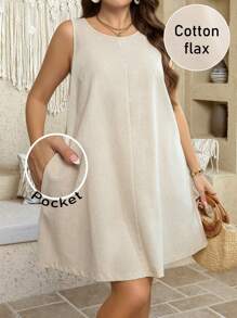 SHEIN LUNE 大码无袖纯色圆领夏季时尚连衣裙，波西米亚风女装，节日优雅装扮，A 字裙，女士夏季服装，亚麻连衣裙，亚麻面料，实用口袋，迷你裙，纯色，端庄连衣裙，女士纯色简约休闲日常迷你裙，简约女装，通勤简约办公室复古风衬衫，浪漫优雅，优雅时尚的通勤装，母亲节