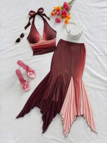 Soleia Women Two Pieces Outfits For Daily Wear Sunset Colors Outfit Pleated Skirt Set Mermaid Outfit Women Beach Dinner Outfit Dress Beach - Multicolor - View 1