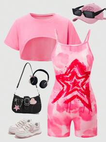 SHEIN Explorewe Tween Girls' Simple Fashion Casual Daily Pink Short Sleeve Romper Set Outfit For Girls Summer Girls Outfit - Pink - View 6