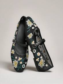 SHUZIA Elegant Black Floral Embroidered Mary Jane Flat Round Toe Shoe Perfect Comfort Fit For All-Day Wear - Black - View 2
