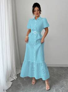 Chiquease French Elegant Commuting Solid Color Lapel Single-Breasted Hollow Floral Print Lantern Sleeve Belted Women Dress - Blue - View 6