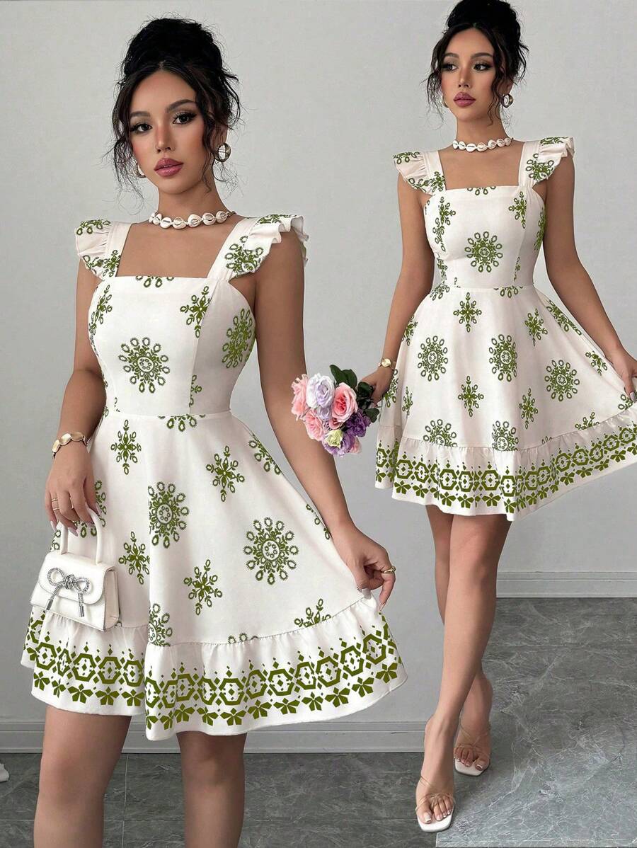 Elenzga 女式印花束腰后背设计休闲度假通勤迷你飘袖连衣裙 - 軍綠色 - 查看 1