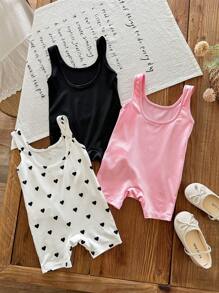 SHEIN Set de 3 piezas Pelele casual y lindo de punto a lunares y liso sin mangas para bebé niña - Multicolor - Ver 2