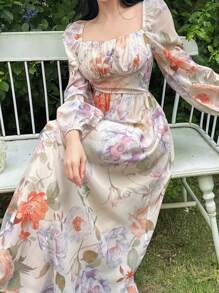 Modelyn 女式植物印花方领长袖连衣裙 - 彩色 - 查看 5