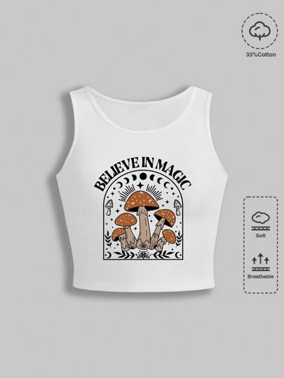 Fairycore Fairy Grunge Style Casual Plus Size Scoop Neck Rib-Knit Tight Waist Crop Tank Top With Mysterious Mushroom, Sun And Moon Pattern