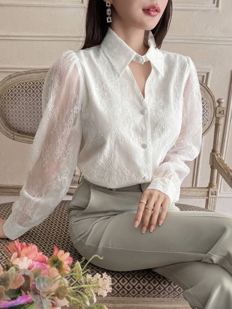 Women's Loose Lace Hollow Long Sleeve Elegant Vacation Summer Top, Blouse