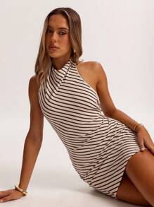 SHEIN BAE Women's Elegant Brown Striped Off-Shoulder Draped Short Dress With A Collar, Suitable For Daily Commuting Wear, Women's Vacation Wear For Going Out, Summer Vacation Wear/Honeymoon Outfits Woman/Business Casual Woman/Old Money Style Women