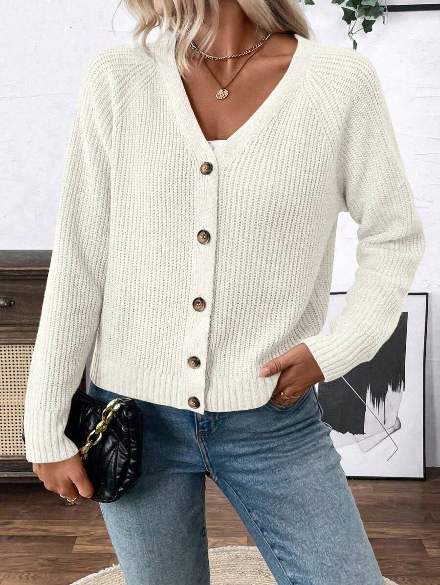 EMERY ROSE Versatile V-Neck Cardigan Sweater Outerwear For Women, Loose Casual Simple Open Front Design Fall Winter Cloth For Women - Beige - View 1