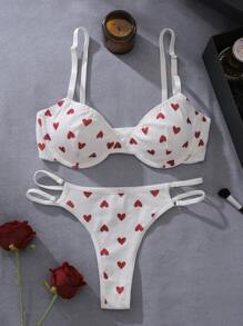 PetitDoll Heart Print Underwire Bra & Panty Lingerie Set - White - View 6