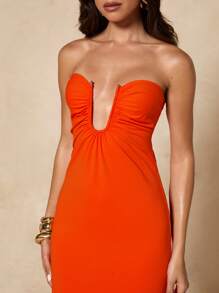 SHEIN BAE Váy Bandeau màu cam trơn mùa hè dành cho nữ có khóa kim loại hình chữ U, eo bó, viền loe, thích hợp cho các sự kiện, tiệc tùng, kỳ nghỉ, đám cưới - trái cam - Xem 6