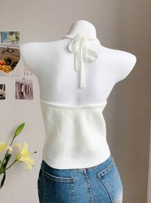 Comfortcana Áo croptop dệt kim cổ yếm họa tiết hoa 3D màu trắng mùa hè, thích hợp mặc đi biển cho nữ. - trắng - Xem 7